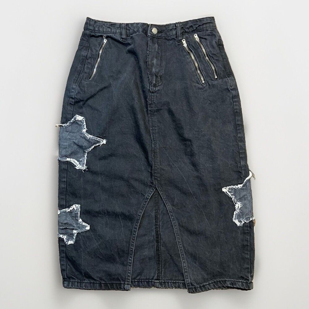 Daisy Street Women's Star Patch Grunge Gothic Emo Denim Skirt Black Sz Small